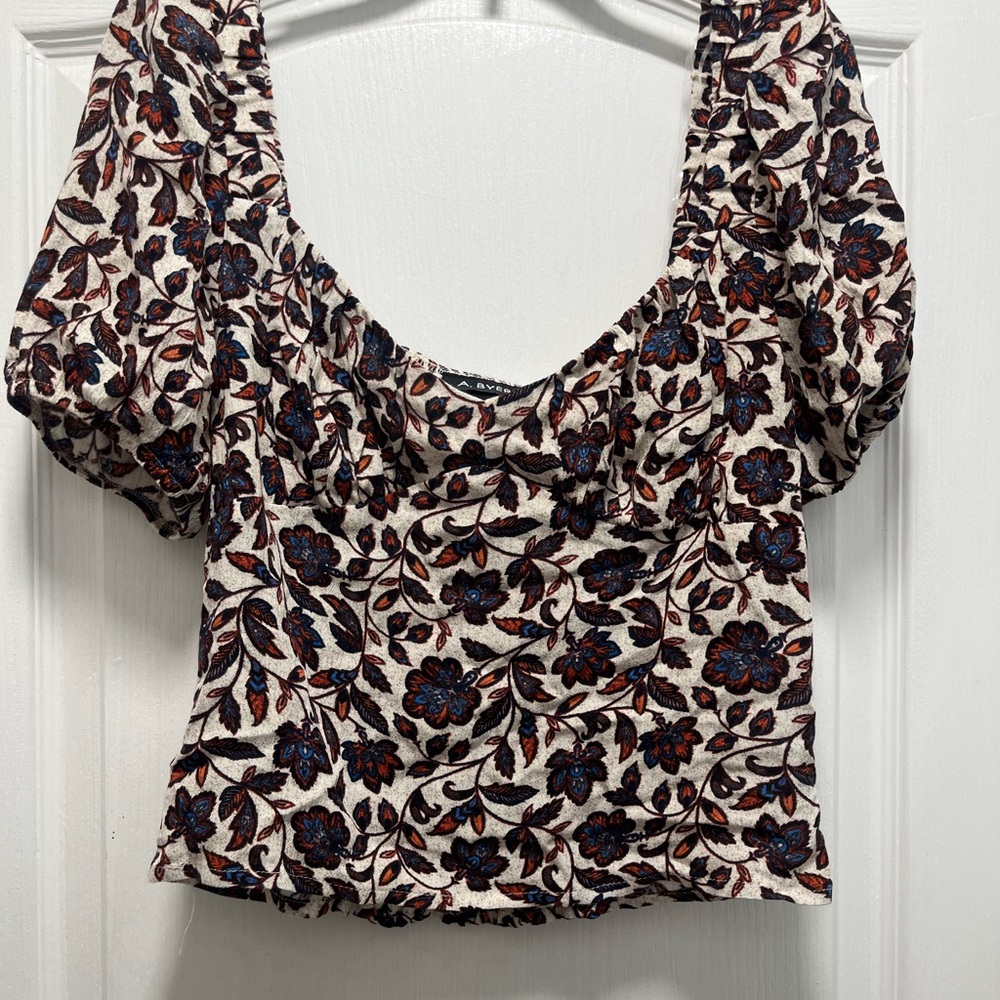 A. Byer Cream and Blue Floral Crop Top
